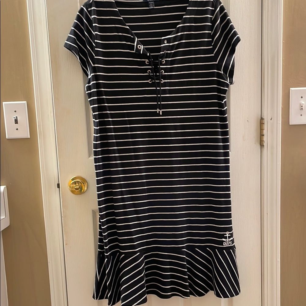 Chaps Ladies size Large Black and White Striped Dress